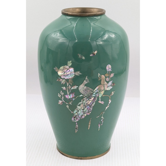 Green Enamel Brass Cloisonne Mother of Pearl Flower Bird Inlay Vase 10" Vintage - Picture 1 of 11